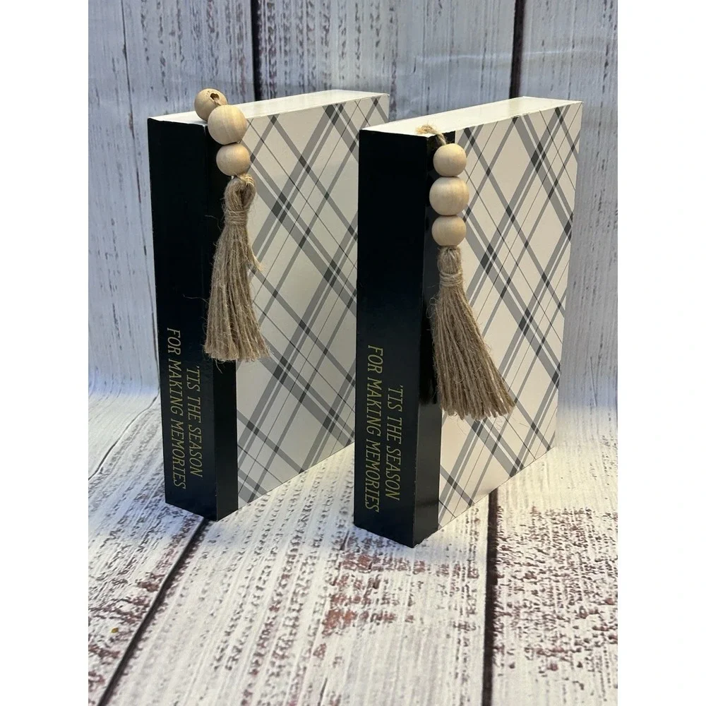 Hobby Lobby Plaid Christmas Decorative Faux Book Stack Set of 2 Wood Bead Tassel
